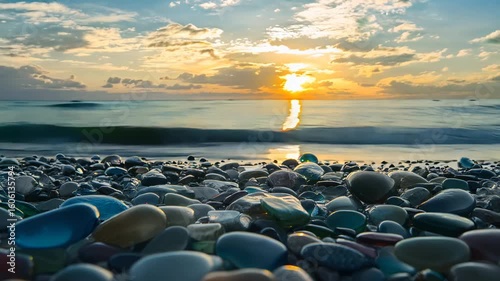 Sunset Seascape: Colorful Pebbles Beach.