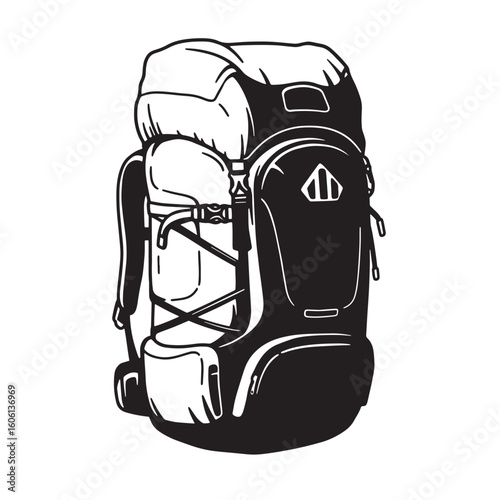 Black and white illustration of a large hiking backpack camping travel