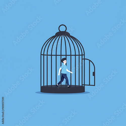 A person exits an open birdcage, symbolizing freedom and liberation from confinement.