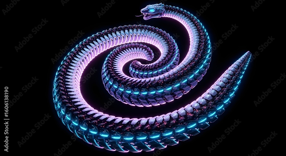 Obraz premium Coiled Cosmic Serpent with Glowing Blue and Purple Pattern