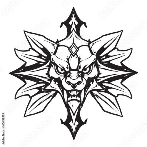 Fierce stylized wolf or lion head emblem with sharp geometric wings and tribal design elements
