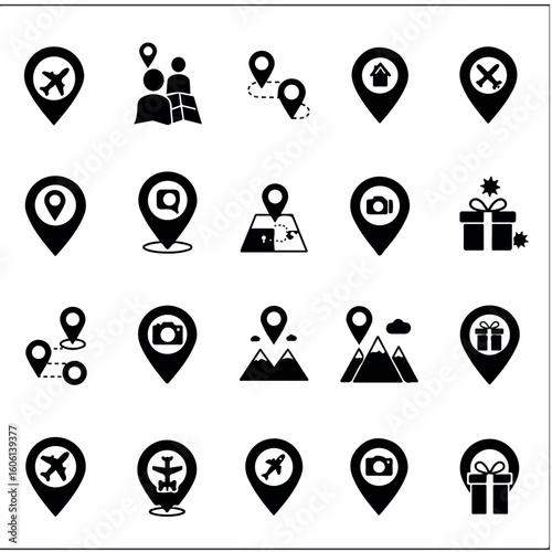 A mixed icon pack of travel, people, gifts, and geographic pins, ideal for tourism, events, or itinerary interface designs
