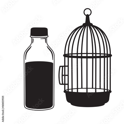 Black bottle and birdcage illustration liquid vintage