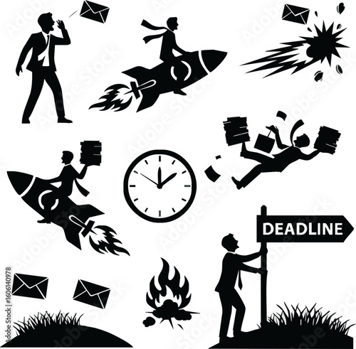 A collection of black silhouettes illustrating business concepts like stress, urgency, communication, and deadlines.