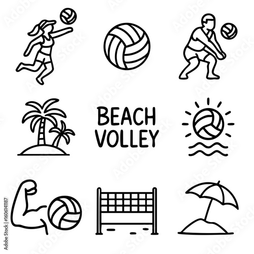 A set of doodle line icons representing beach volleyball activities, players, net, ball, palm trees, sun, and sand elements
