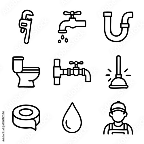 A set of doodle line icons featuring plumbing tools, leaking faucets, toilets, pipes, valves, water drops, and maintenance professionals