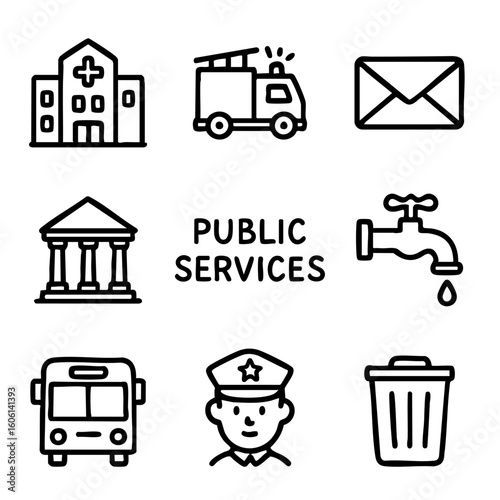 A set of doodle line icons depicting essential public services including healthcare, fire response, police, transport, utilities, and waste management