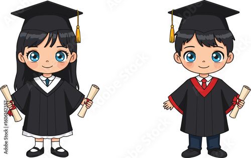 Cute cartoon boy and girl in graduation gown holding diplomas, perfect for education, school success, and academic achievement concepts