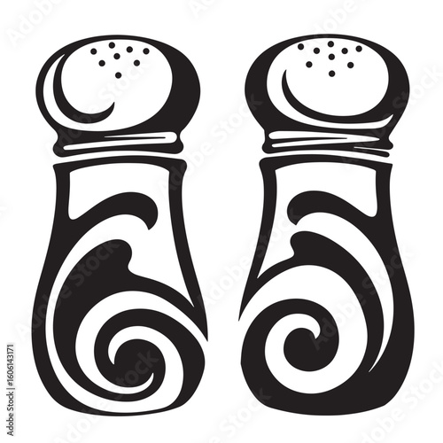Decorative black and white salt and pepper shakers with swirling patterns salt shaker kitchenware