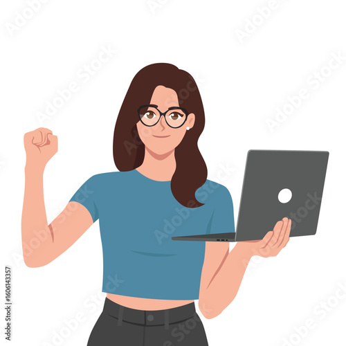 Confident Woman with Laptop Celebrating Success. Flat Vector character illustration