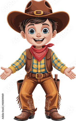 Cute cartoon cowboy boy in traditional western outfit with hat, boots, vest, holsters, and bandana smiling on white background