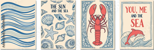 Abstract summer poster or card set in art doodle style with hand drawn wavy lines, seashells, lobster, dolphin jumping out of the water, ocean sea.