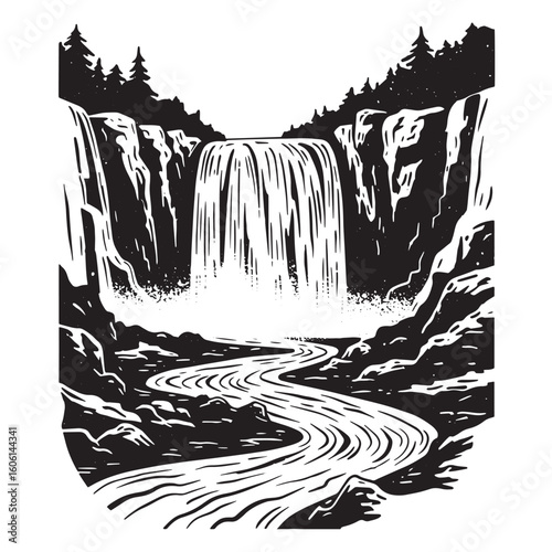 Majestic waterfall flowing through rocky terrain with pine trees nature landscape