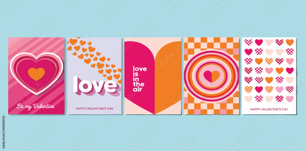 Fototapeta premium Creative concept of Happy Valentines Day cards set. Modern abstract art design with hearts and geometric shapes. 