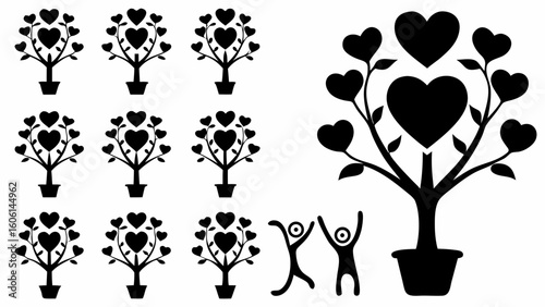 Silhouette of heart trees in pots with stick figures celebrating in black and white vector graphic art