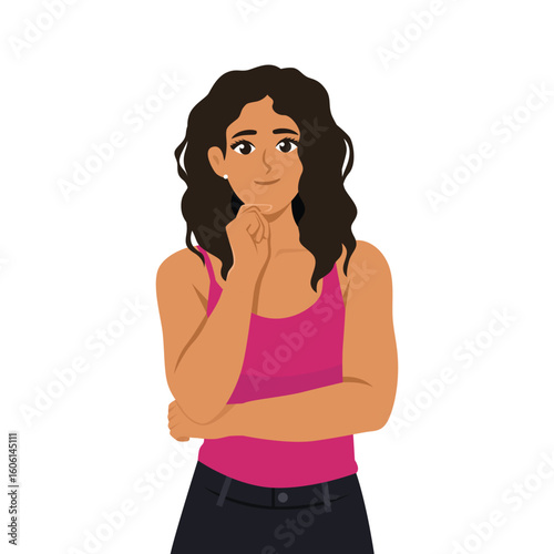 Thoughtful Woman in Pink Top. Flat Vector character illustration