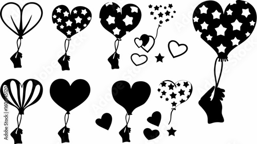 Illustration of various heart shaped balloons held by hands and floating hearts and stars design element silhouette