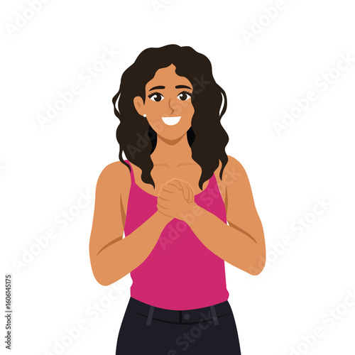 Happy Woman with Folded Hands. Flat Vector character illustration