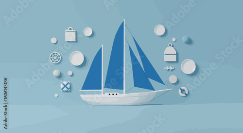 Elegant Sailing Boat Illustration with Nautical Icons on a Light Blue Background