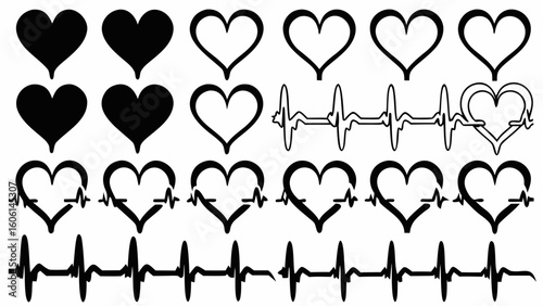 Collection of heart shapes and heartbeat lines in black and white vector illustration design art silhouette