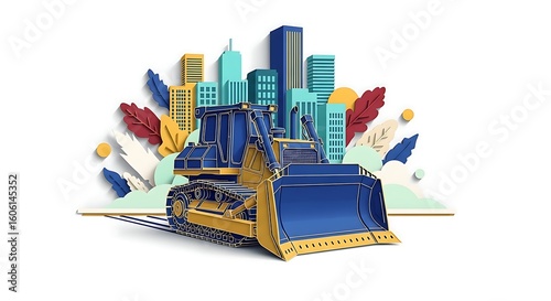 A powerful bulldozer stands ready in front of a stylized cityscape in this 3D papercraft illustration, symbolizing urban development, construction, and infrastructure projects.