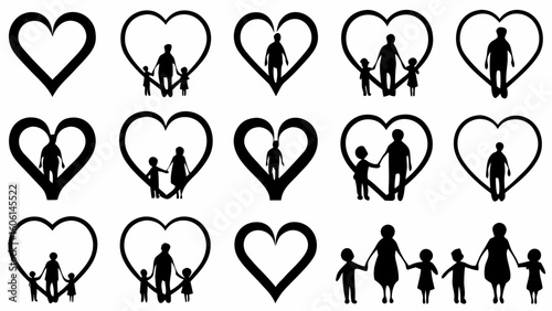 Black and white silhouettes of families and individuals inside heart shapes arranged in a grid pattern