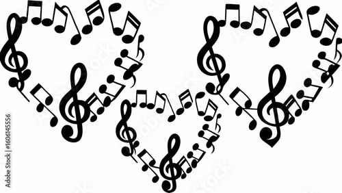 Three hearts formed by musical notes and treble clefs in black and white composition creating harmony silhouette