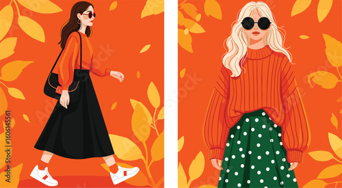 Modern design set of Fall poster, cover, card with beautiful girl fashionista in oversized sweater and midi skirt, trendy pattern with leaves and abstract shapes.