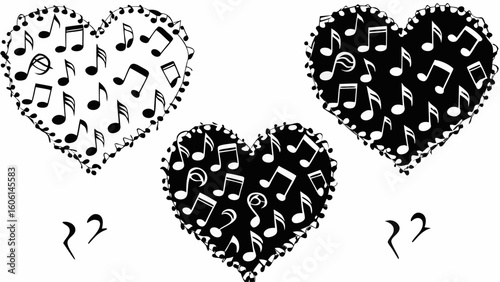 Three hearts filled with music notes and two eighth notes on a white background in black and white art silhouette
