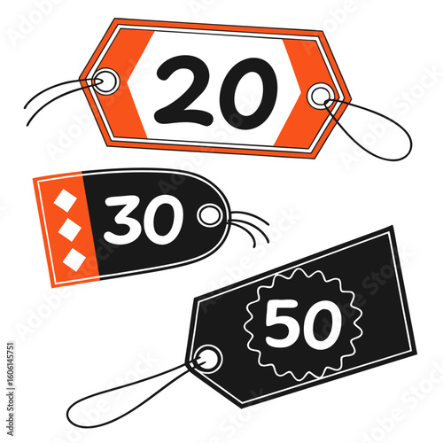 Illustration of three tags with different shapes and prices twenty thirty and fifty attached with strings