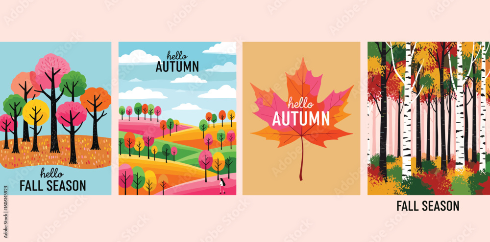 Obraz premium Set of trendy art style abstract autumn poster, cover, card with bright beautiful leaves, plants, autumn forest landscape