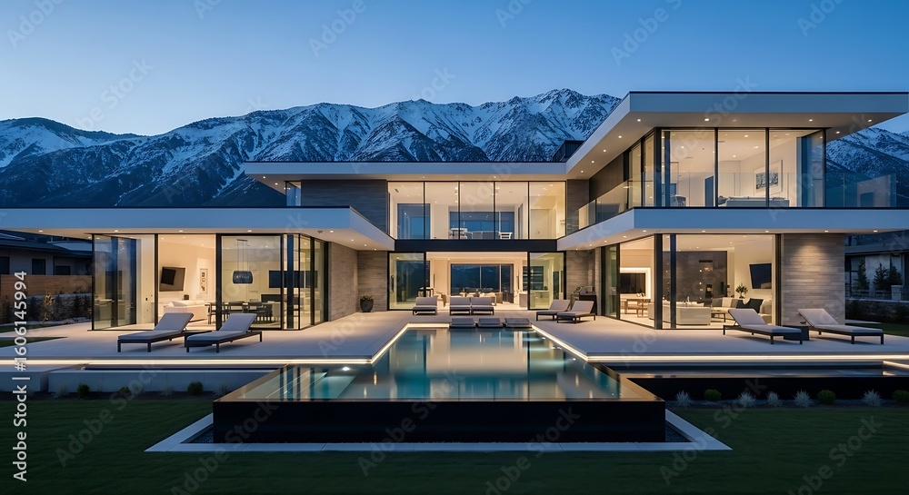 Fototapeta premium Luxury mountain residence with a modern architectural design and stunning pool area