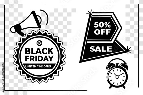 Black friday sale badge with megaphone and fifty percent off sale tag along with a clock illustration