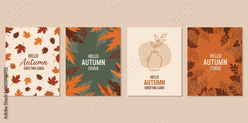 Set of trendy modern art style abstract autumn poster or cover with bright beautiful leaves, plants, shapes. Fall background, Sale banner, or flyer design.
