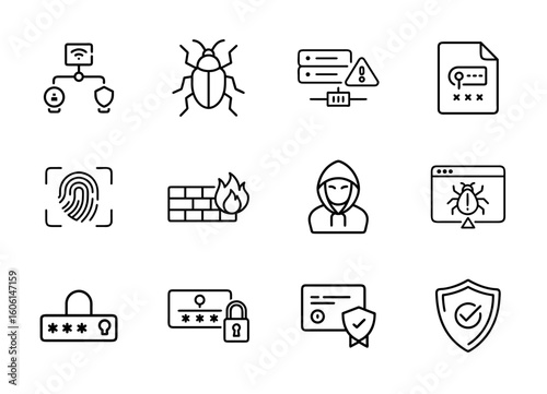 Cybersecurity and privacy icon set. Vector black glyph pictograms of firewall, data protection, secure login, antivirus, malware, phishing, encryption and shield symbols.