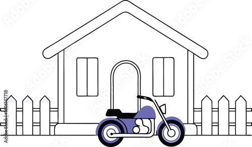 Dog Illustration Warden House with Motorcycle or Scooter Parked