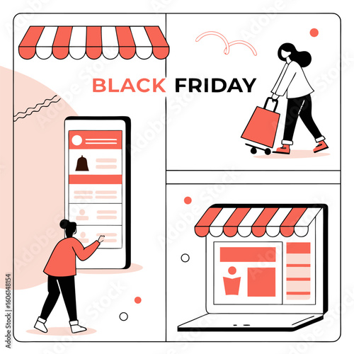 Illustration showcasing black friday shopping with mobile app and laptop store fronts and shoppers with bags