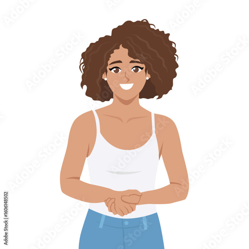 Young woman with her hair in a bun and wearing a tank top stands warmly with her hands clasped. Flat Vector character illustration