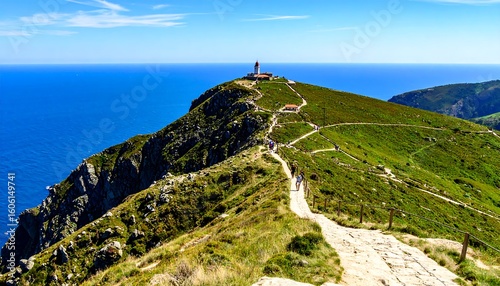 Coastal hiking trail, lighthouse on a cliff