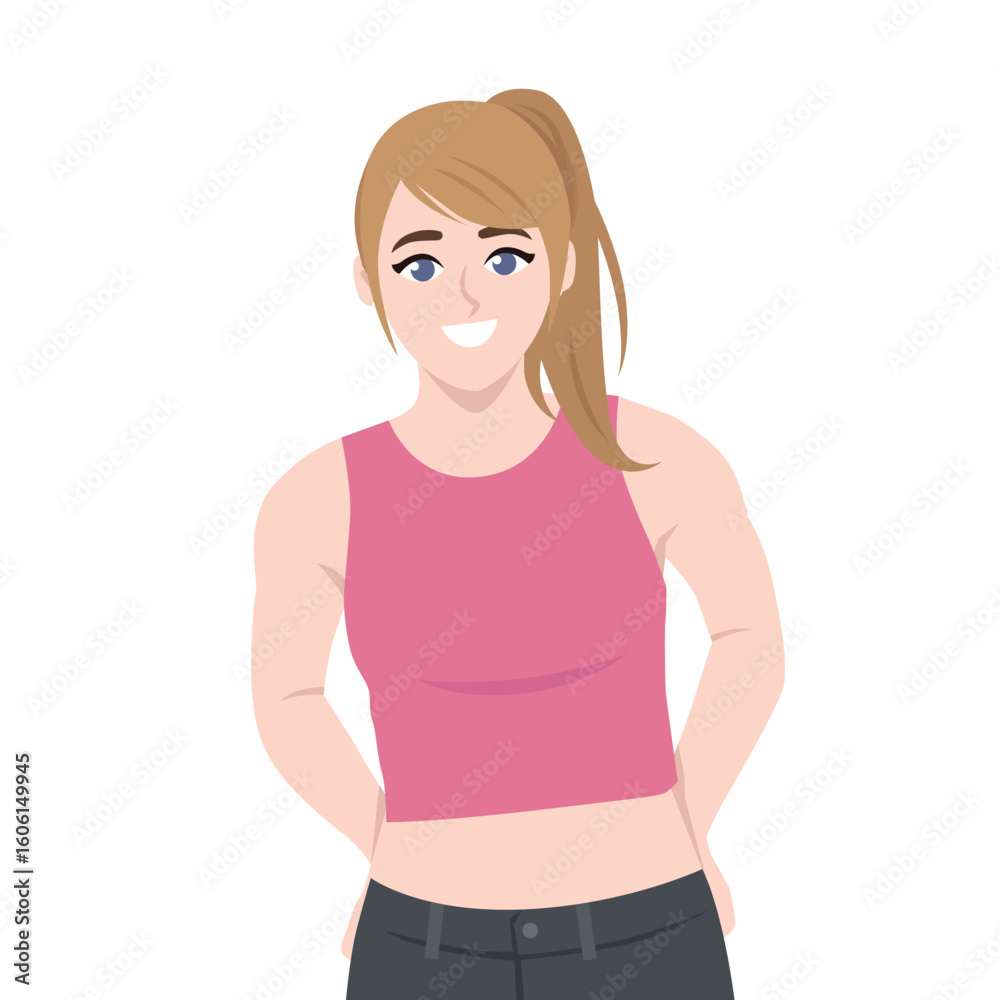 Young woman with a ponytail beams confidently while standing casually in a pink crop tank top. Flat Vector character illustration Young woman with a ponytail beams confidently while standing casually in a pink crop tank top. Flat Vector character illustration