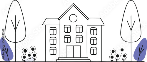 Fenced Warden House with Trees and Flowers Illustration