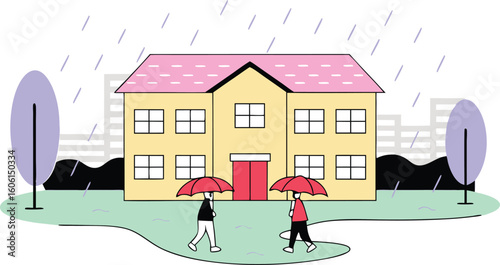 Rainy Day Cat Illustration Warden House Wet Roads Moody Scene