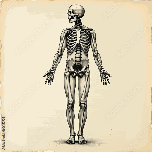 Full-body front view illustration of human skeleton anatomy for medical and health science