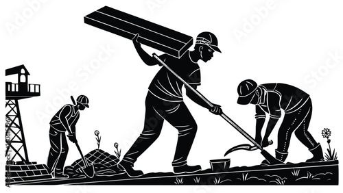 Black and white illustration of construction workers