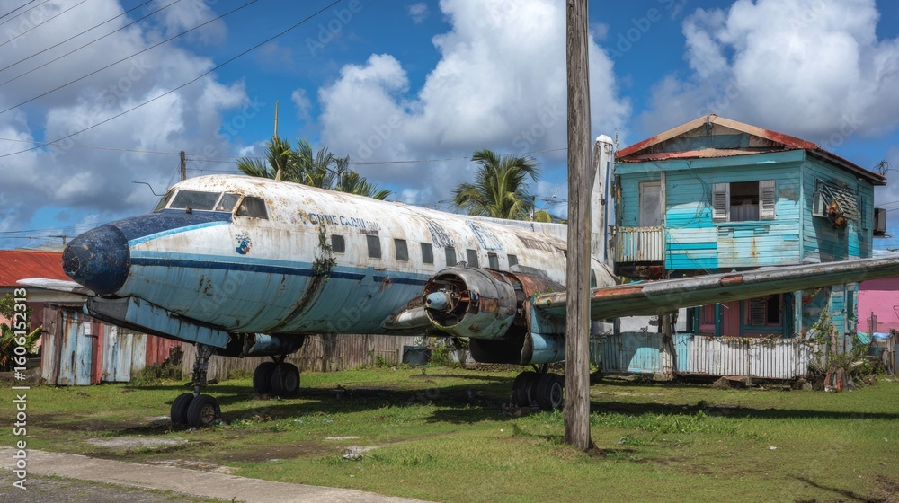 Fototapeta premium Worn white cargo plane missing left wing and tail fin sits on green grass near old wooden pole under blue sky with clouds next to small house in Guadeloupe showing cracks and weathered condition