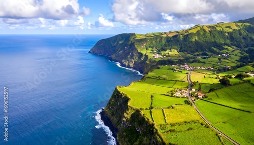 Coastal landscape with green fields and dramatic cliffs