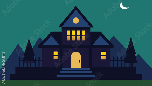Warden s House Illustration with Night Lights in Vector Format