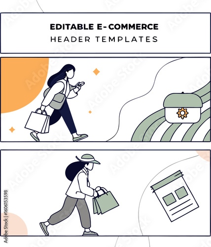 Illustration showing editable e commerce header templates with women shopping and product representation