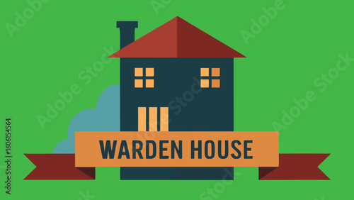 Illustration of a warden s house with a hostel name board