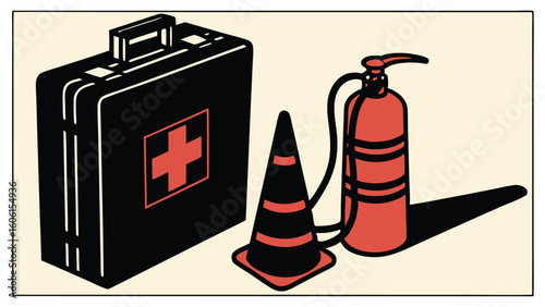 Black first aid kit red fire extinguisher safety cone